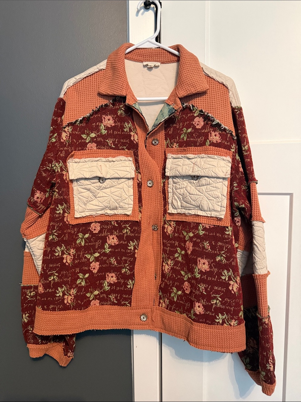POL Floral Patchwork Utility Jacket - Rust Orange & Cream